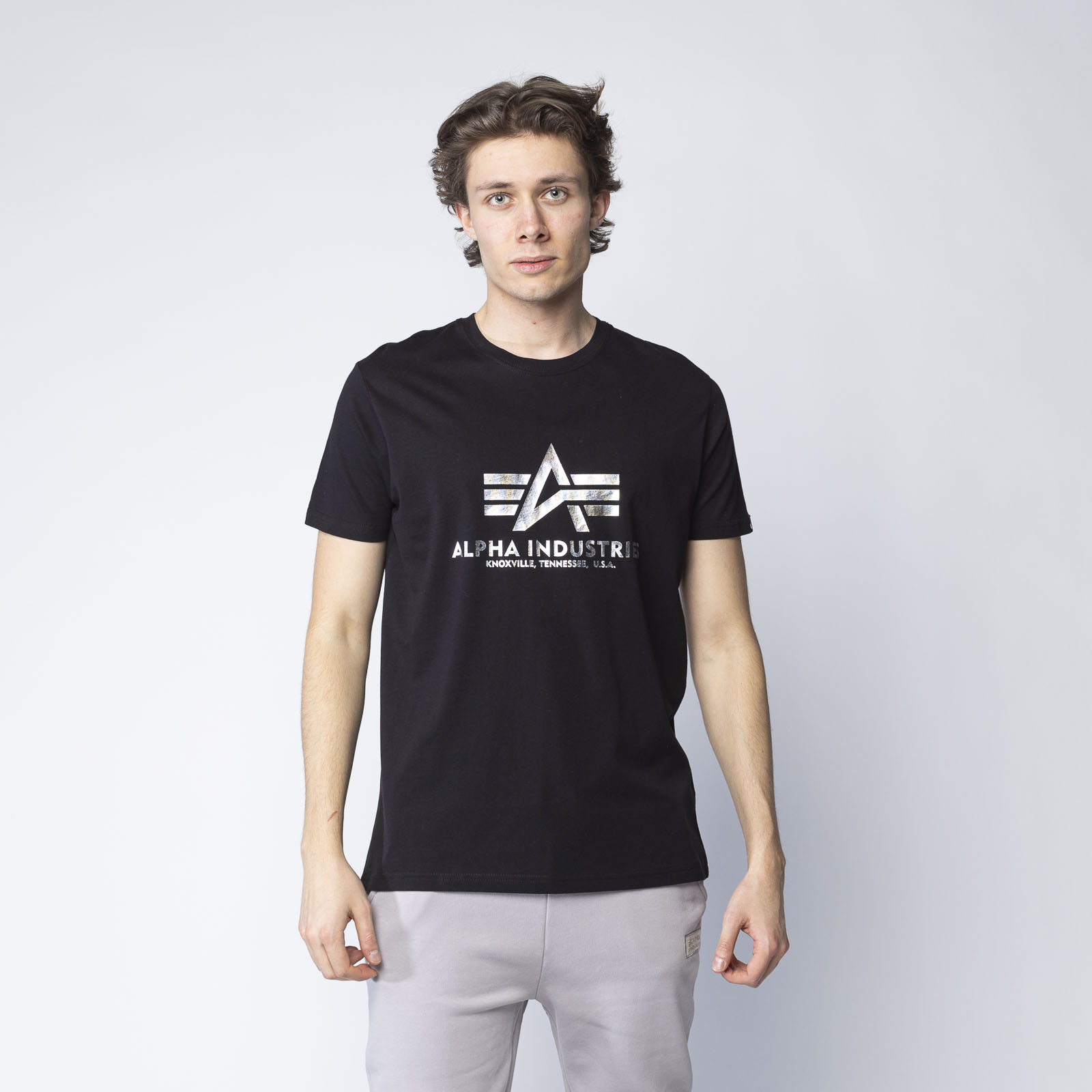 Alpha Industries Basic T-Shirt Foil Print Black/Silver | Men \ Men's  clothing \ T-shirts Brands \ #Brands \ Alpha Industries