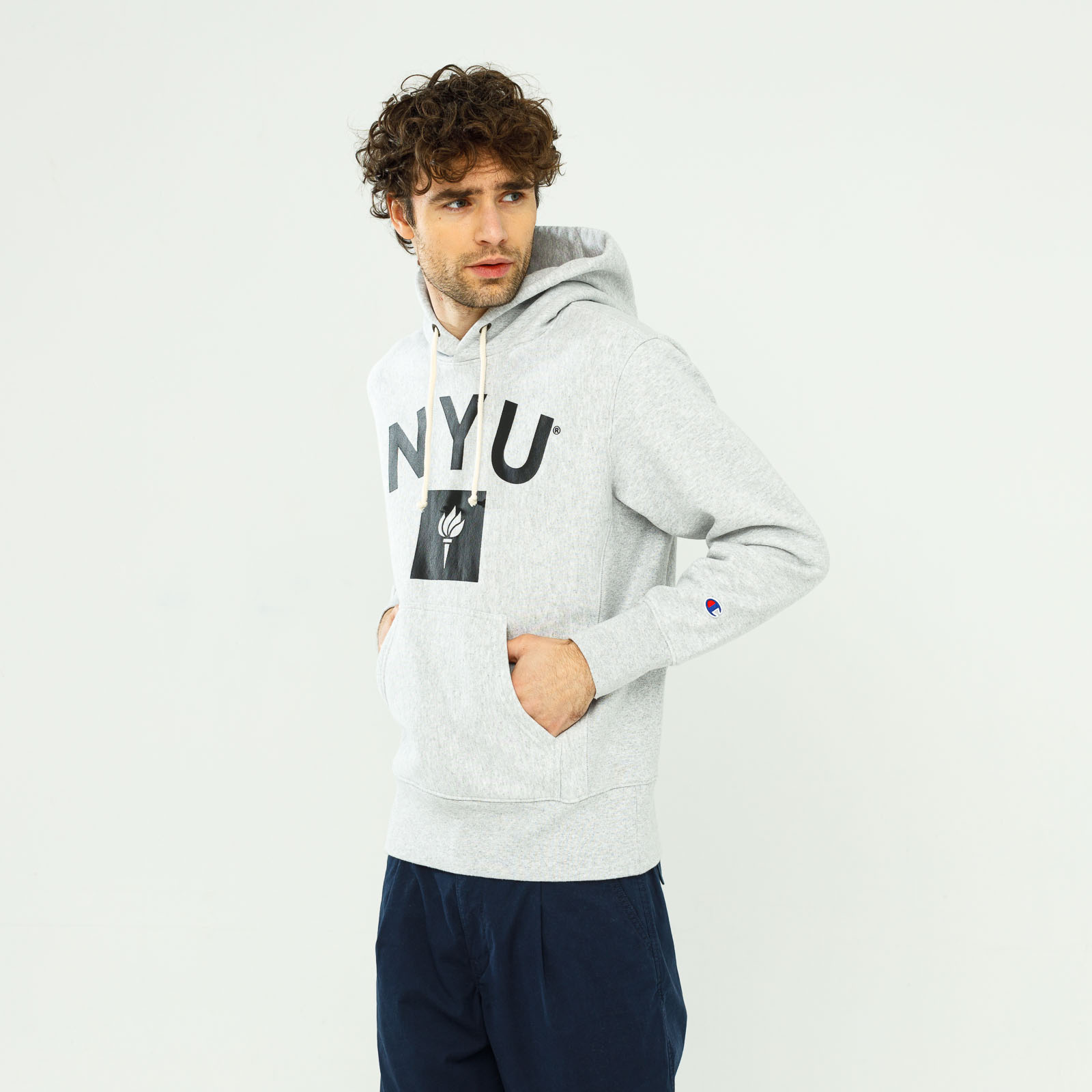 Champion COLLEGE PRINT REVERSE WEAVE HOODIE NYU GREY | Men's