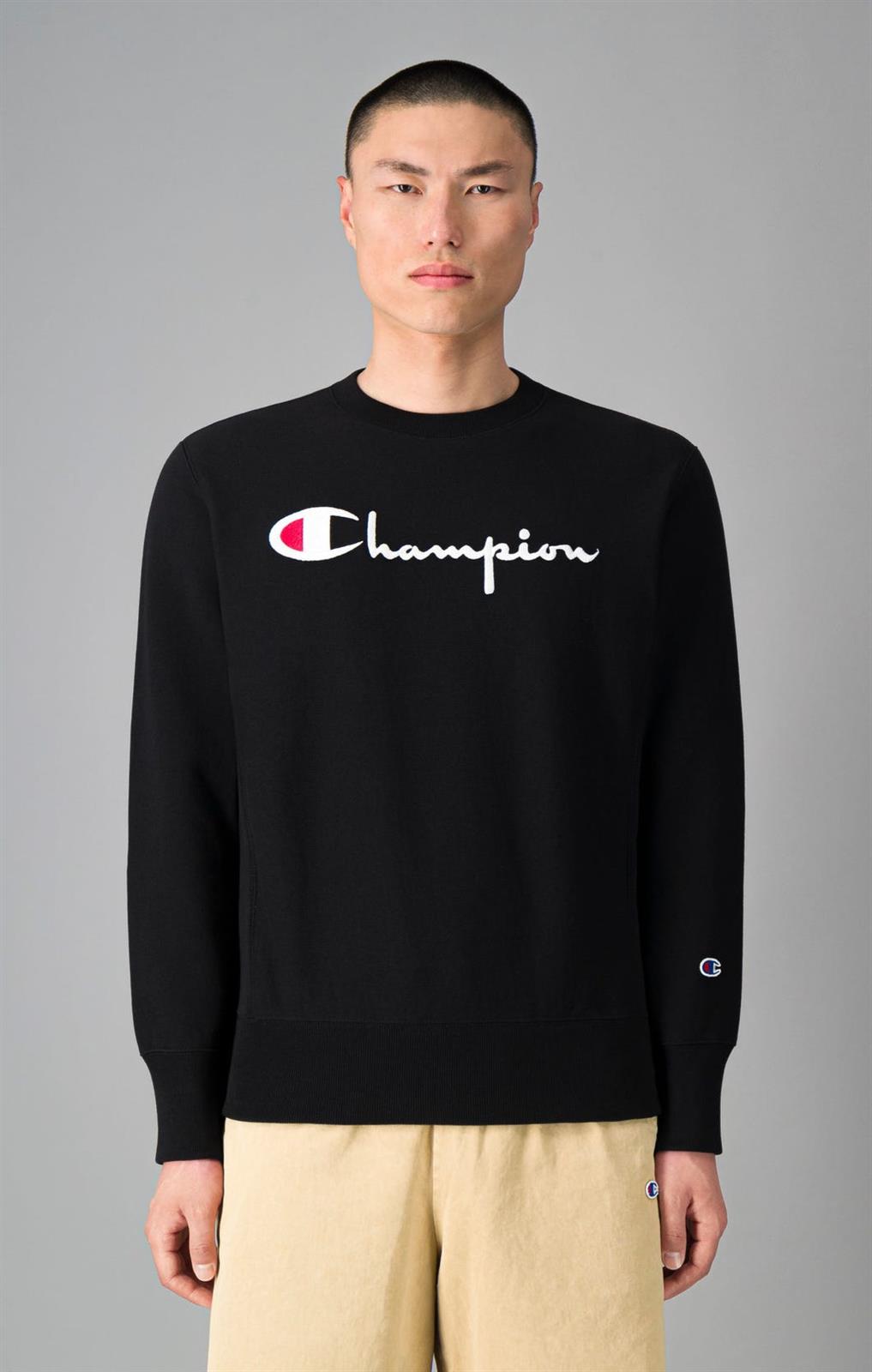 Champion Reverse Weave EMBROIDERED SCRIPT LOGO Sweatshirt BLACK | Men's ...