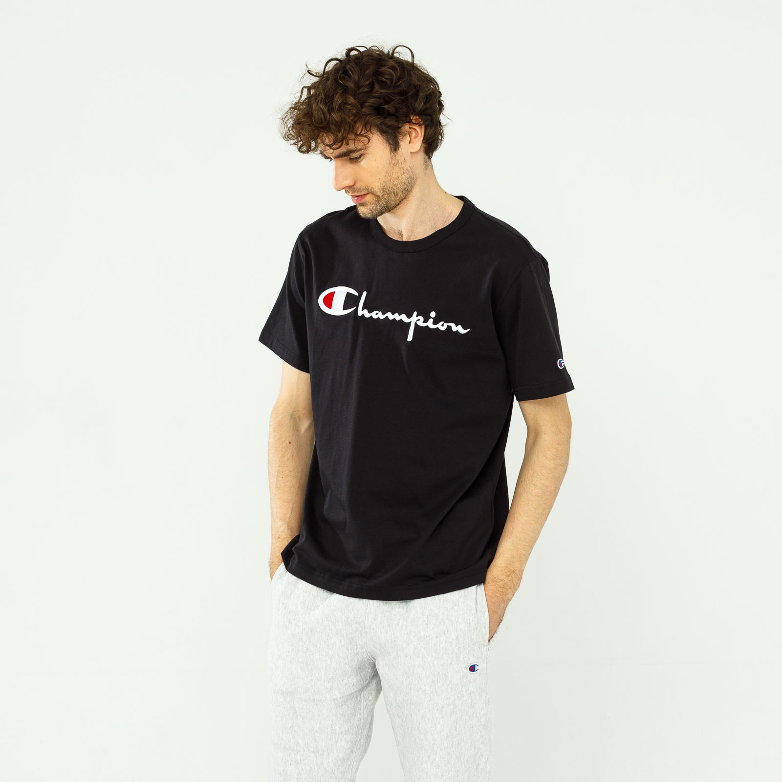 Champion Reverse Weave Script Crewneck T-Shirt Black | Men's \ Men's clothing \ T-shirts Brands \ #Brands \ Champion