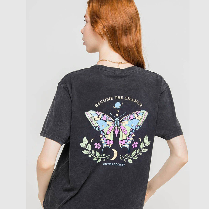 Kaotiko Washed Butterfly Black T-shirt Black