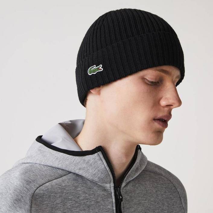 Lacoste Ribbed Wool Beanie Black