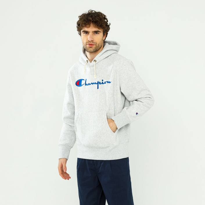 Champion Reverse Weave Script Logo Hooded Sweatshirt Grey