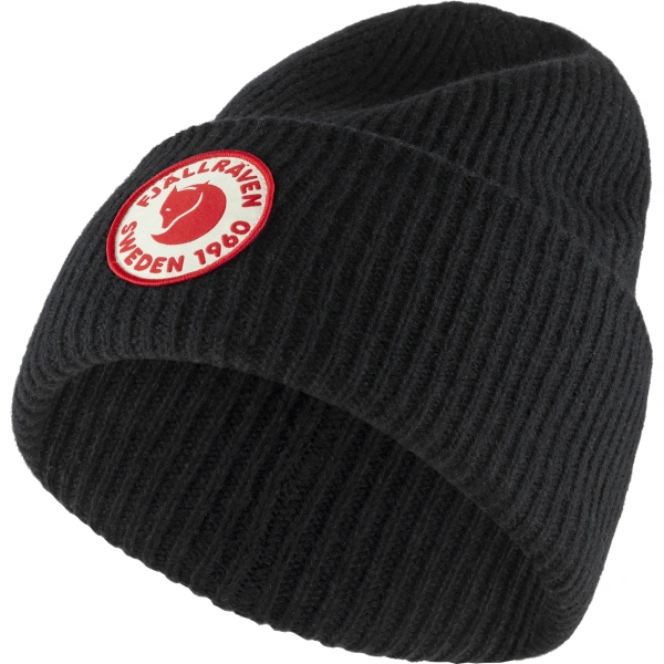 Fjällräven 1960 Logo Hat Chalk Black – classic two-layer beanie in wool and organic cotton